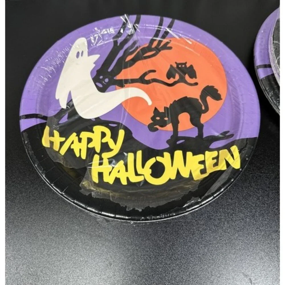 Vintage 90s Party House Halloween Ghost Cat 10.5” Dinner Plates 4 Packs of 8